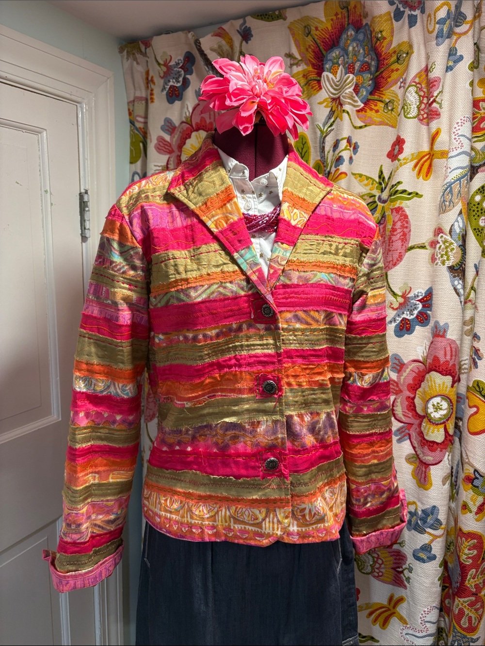 Coldwater Creek Pink, Olive & Orange Striped Textured Blazer